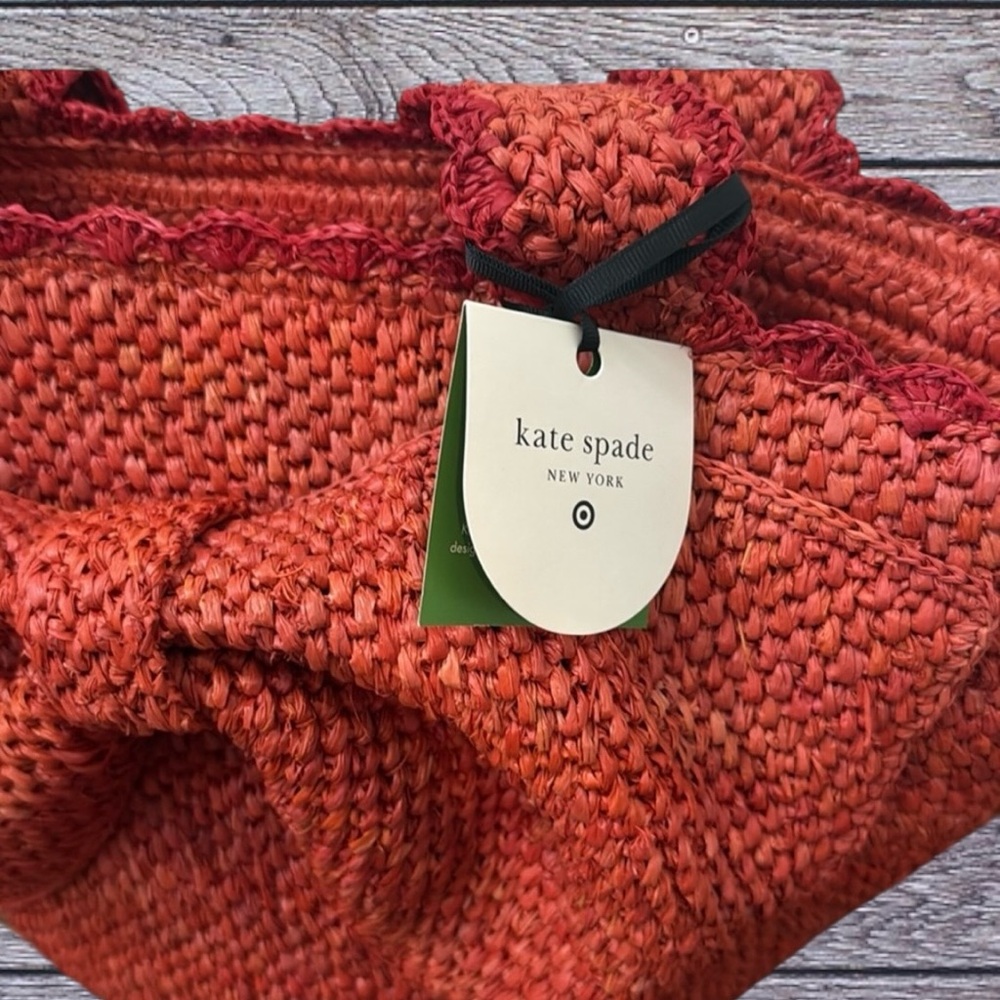 Kate Spade Woven Raffia Bow Tote Bag Orange Summer Straw Shoulder Bag ♠️ - Picture 6 of 10